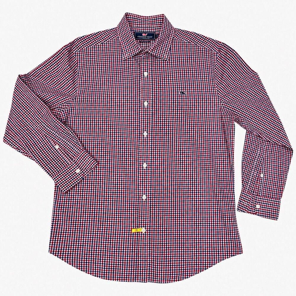 Vineyard Vines Red & Blue Gingham Cotton Long Sleeve Button Shirt, Size Large